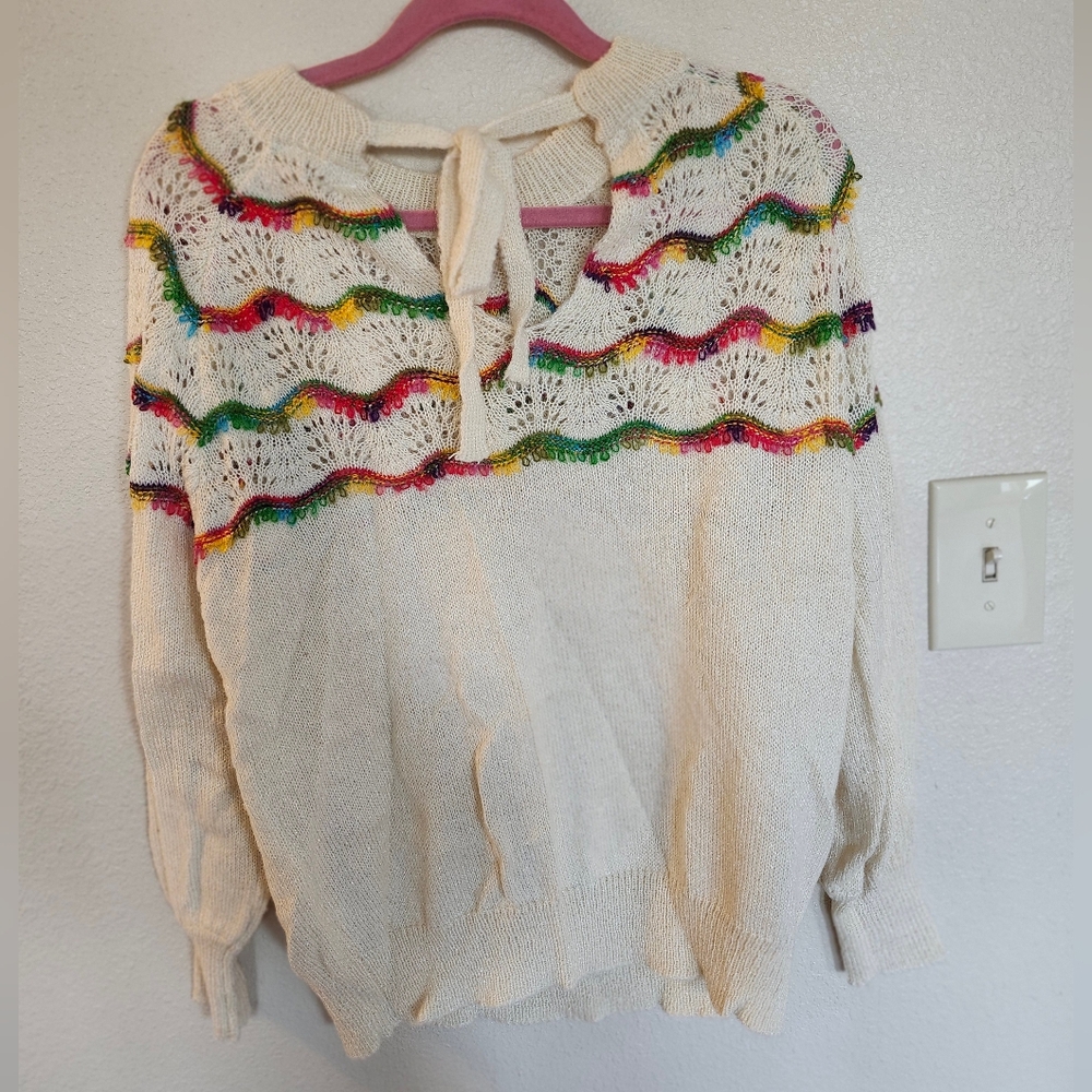 Andthewhy Crochet Rainbow Colorful Wave Pattern Woven Sweater - Picture 5 of 6
